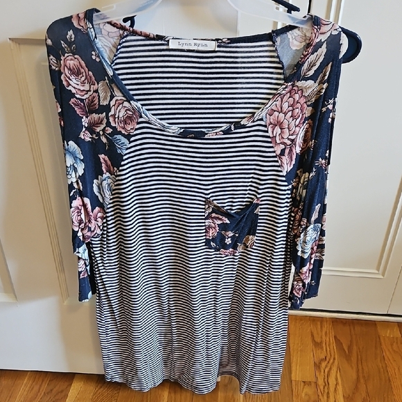 lynn ryan Tops - Women's Striped and Floral Top - Blue and Pink